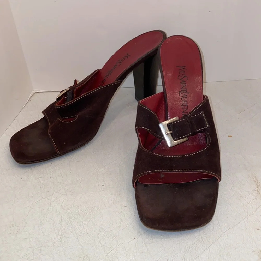 Yves Saint Laurent Brown Suede Vintage Square Toe Buckle Sandal Heel Pumps - Picture 3 of 13